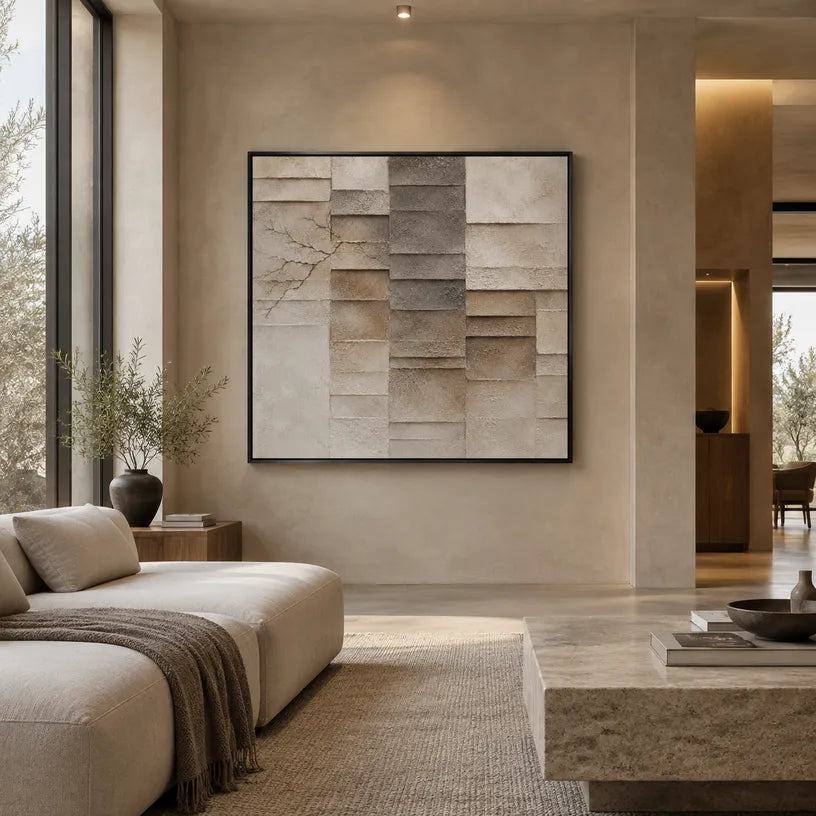 Wabi-Sabi abstract oil painting showing layered abstract marks, texture and expressive painterly movement in a brown palette.