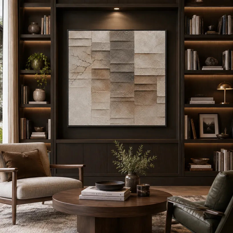 Wabi-Sabi abstract oil painting showing layered abstract marks, texture and expressive painterly movement in a brown palette.