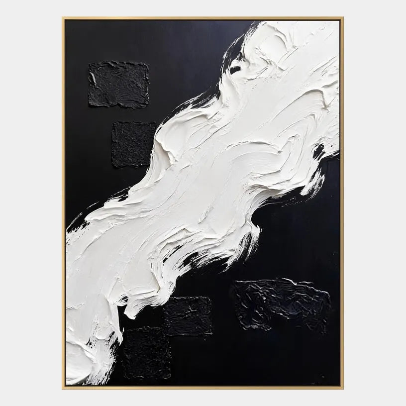 Wabi-Sabi abstract oil painting showing layered abstract marks, texture and expressive painterly movement in a black and white palette.