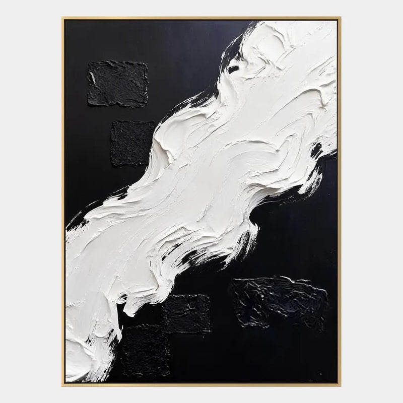 Abstraktes und konzeptuelles Ölgemälde von Wabi-Sabi mit geschichteten abstrakten Zeichen, Textur und ausdrucksstarken malerischen Bewegungen in einer Schwarz-Weiß-Palette.