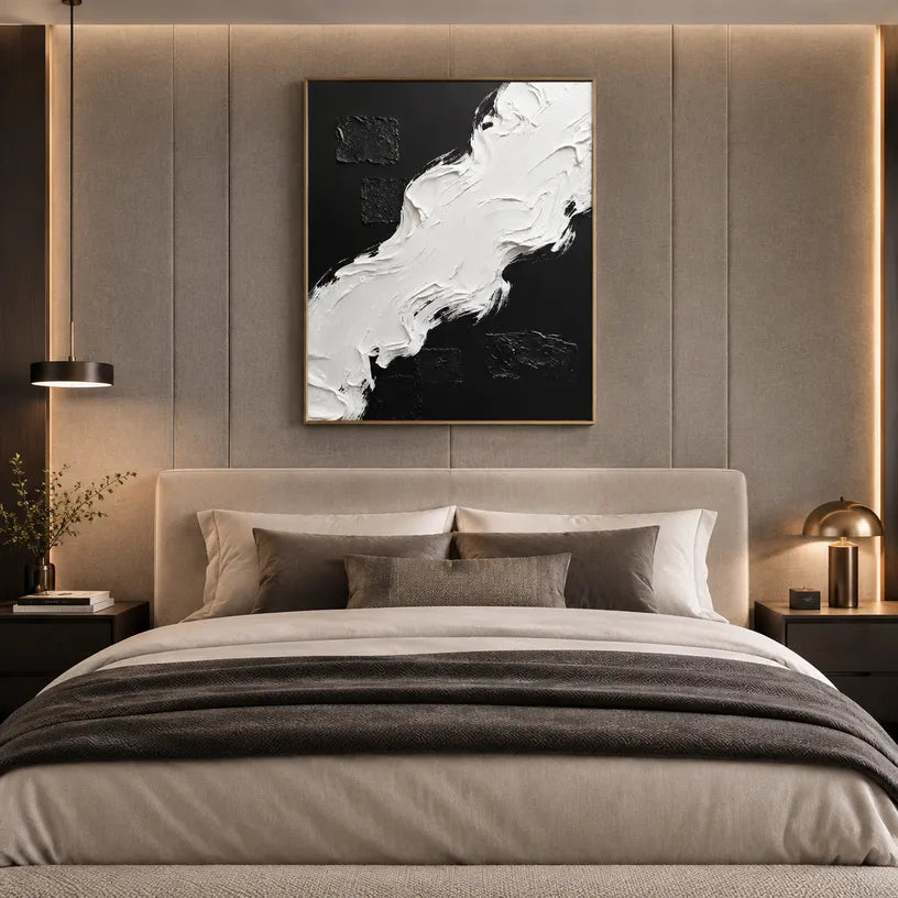 Wabi-Sabi abstract oil painting showing layered abstract marks, texture and expressive painterly movement in a black and white palette.