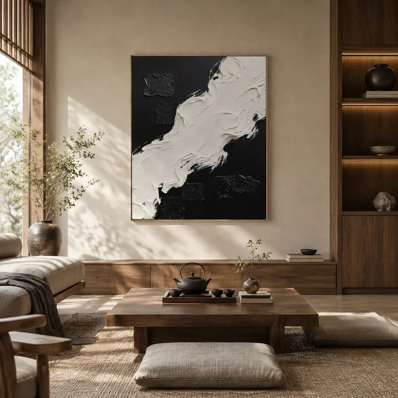 Wabi-Sabi abstract oil painting showing layered abstract marks, texture and expressive painterly movement in a black and white palette.