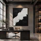 Wabi-Sabi abstract oil painting showing layered abstract marks, texture and expressive painterly movement in a black and white palette.