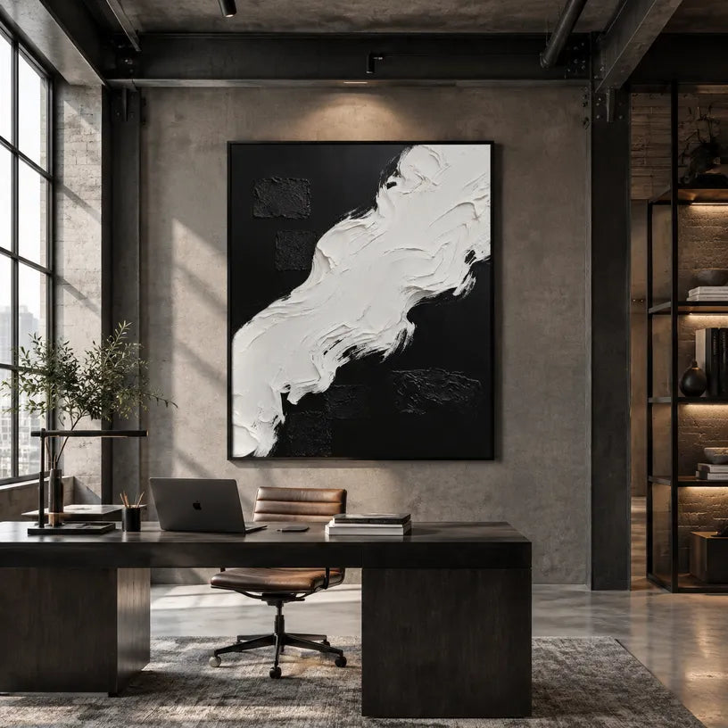 Wabi-Sabi abstract oil painting showing layered abstract marks, texture and expressive painterly movement in a black and white palette.