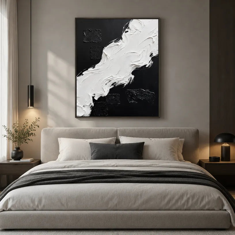 Wabi-Sabi abstract oil painting showing layered abstract marks, texture and expressive painterly movement in a black and white palette.