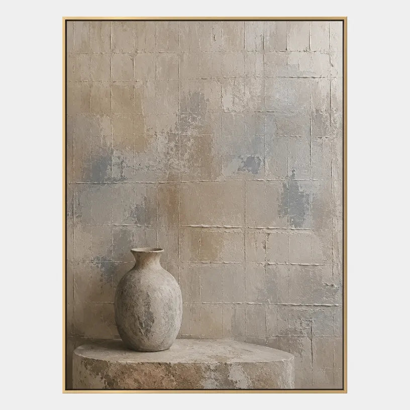 Wabi-Sabi abstract oil painting showing layered abstract marks, texture and expressive painterly movement in a brown palette.