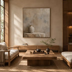 Wabi-Sabi abstract oil painting showing layered abstract marks, texture and expressive painterly movement in a brown palette.