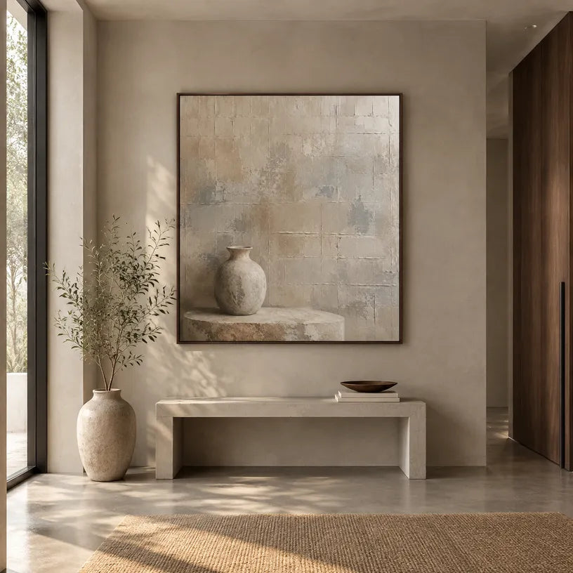 Wabi-Sabi abstract oil painting showing layered abstract marks, texture and expressive painterly movement in a brown palette.