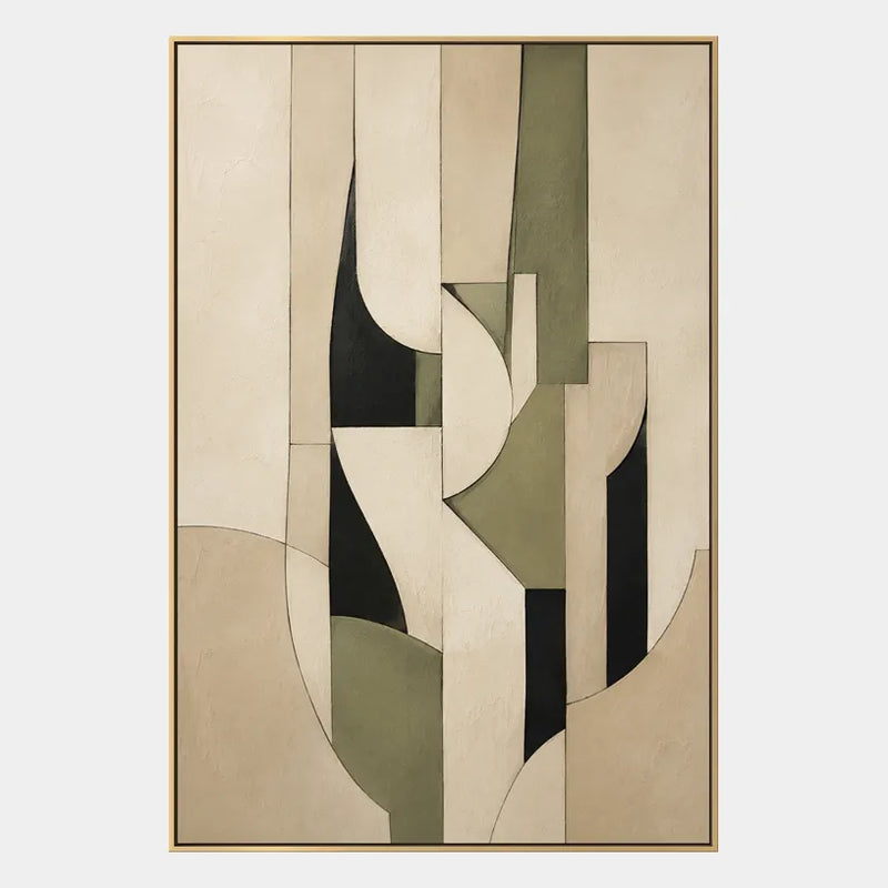 Pittura a olio astratta e concettuale Wabi-Sabi con segni astratti stratificati, consistenza e movimento pittorico espressivo in una tavolozza beige.
