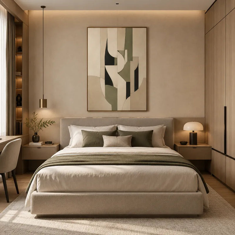 Pittura a olio astratta e concettuale Wabi-Sabi con segni astratti stratificati, consistenza e movimento pittorico espressivo in una tavolozza beige.