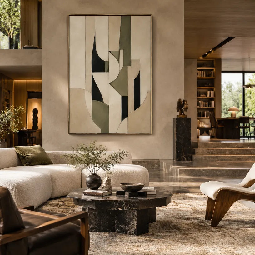 Wabi-Sabi abstract oil painting showing layered abstract marks, texture and expressive painterly movement in a beige palette.