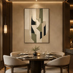 Wabi-Sabi abstract oil painting showing layered abstract marks, texture and expressive painterly movement in a beige palette.
