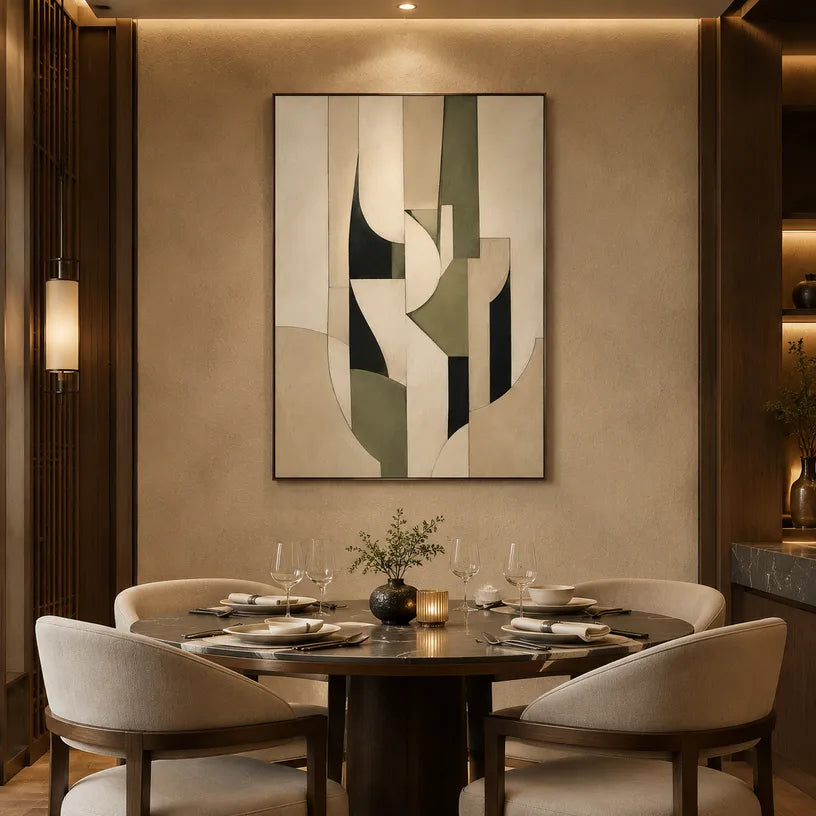 Wabi-Sabi abstract oil painting showing layered abstract marks, texture and expressive painterly movement in a beige palette.