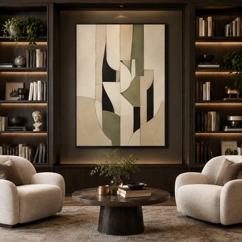 Wabi-Sabi abstract oil painting showing layered abstract marks, texture and expressive painterly movement in a beige palette.