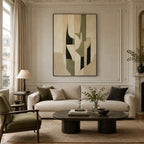 Wabi-Sabi abstract oil painting showing layered abstract marks, texture and expressive painterly movement in a beige palette.