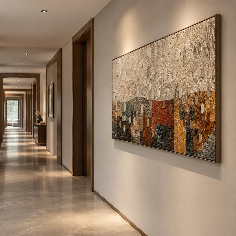Wabi-Sabi abstract oil painting showing layered abstract marks, texture and expressive painterly movement in a brown palette.