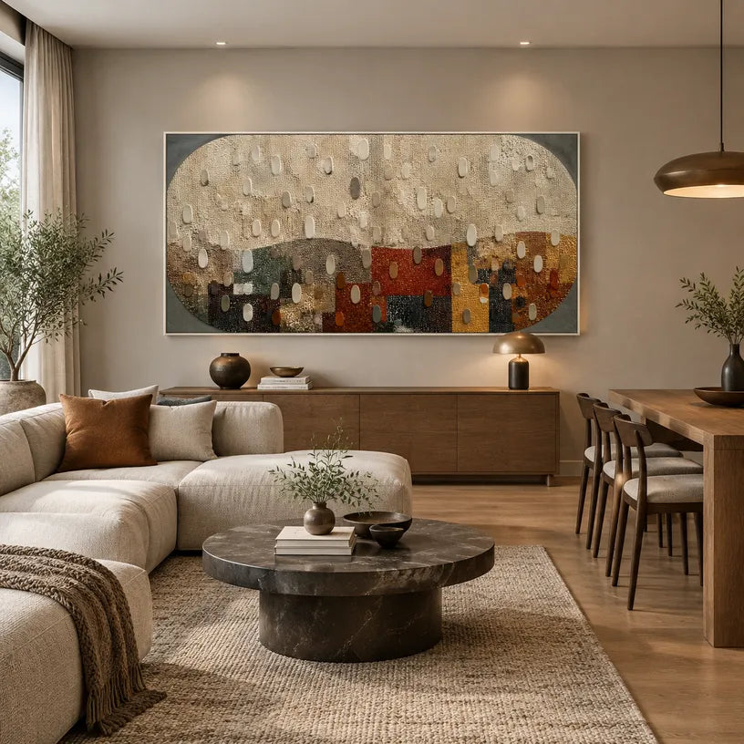 Wabi-Sabi abstract oil painting showing layered abstract marks, texture and expressive painterly movement in a brown palette.
