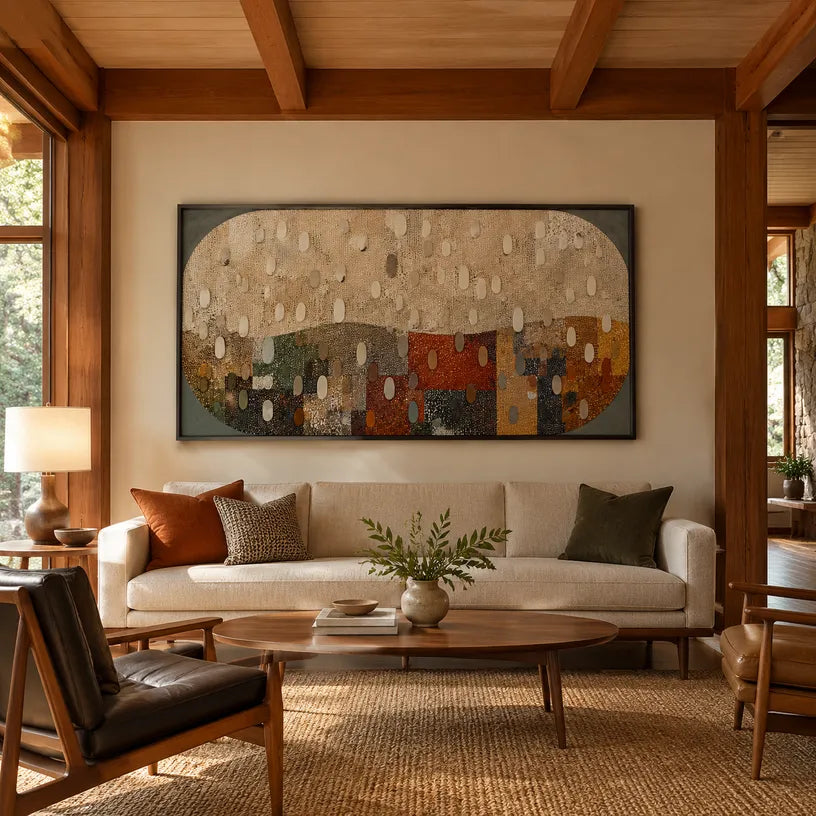 Wabi-Sabi abstract oil painting showing layered abstract marks, texture and expressive painterly movement in a brown palette.