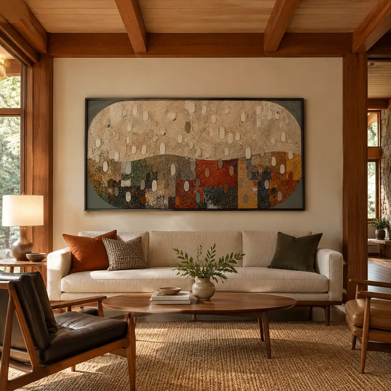 Pittura a olio astratta e concettuale Wabi-Sabi con segni astratti stratificati, consistenza e movimento pittorico espressivo in una tavolozza beige.