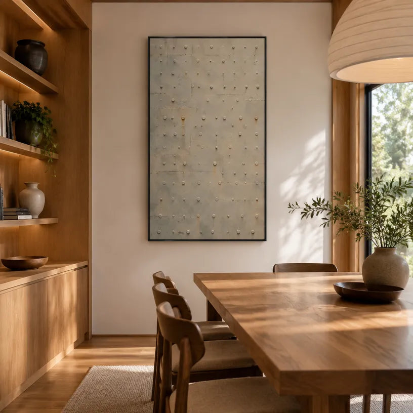 Wabi-Sabi abstract oil painting showing layered abstract marks, texture and expressive painterly movement in a brown palette.