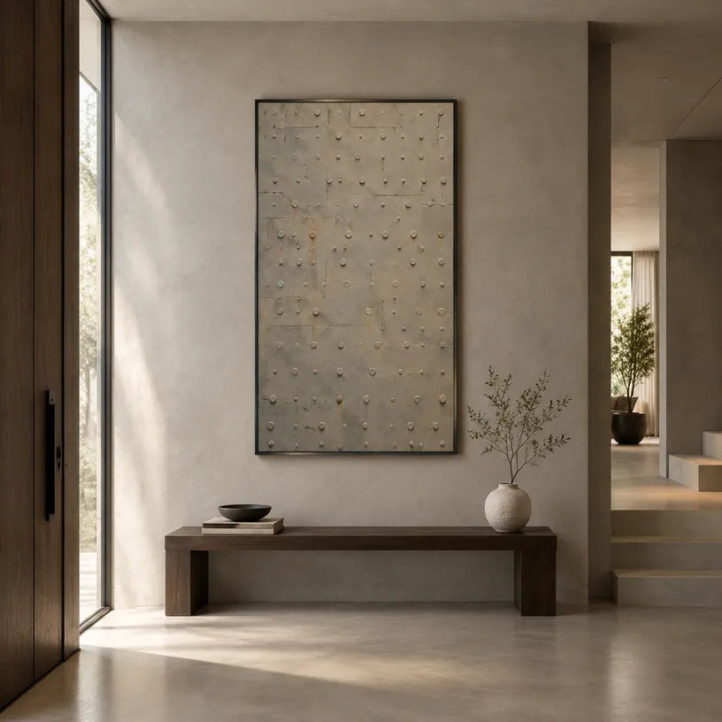 Wabi-Sabi abstract oil painting showing layered abstract marks, texture and expressive painterly movement in a brown palette.