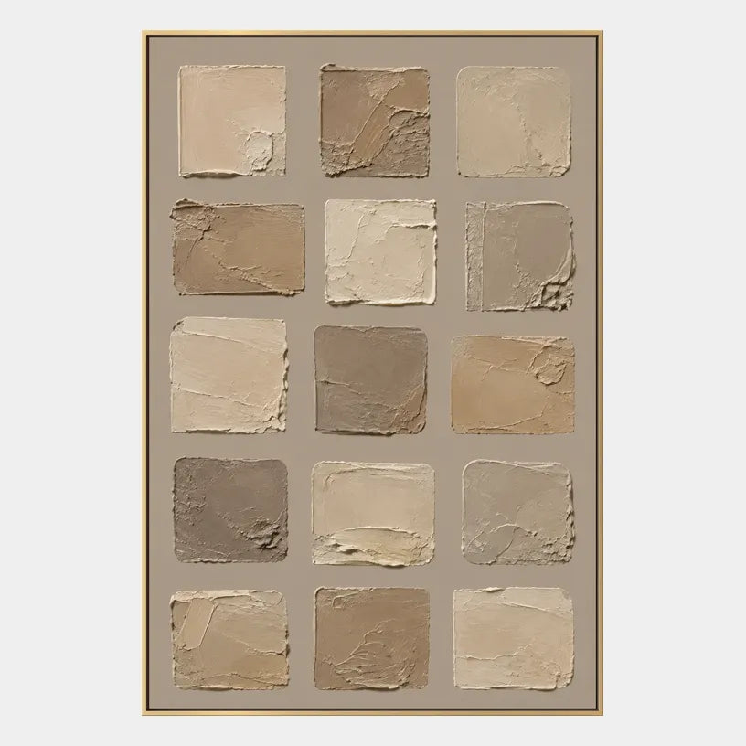 Wabi-Sabi abstract oil painting showing layered abstract marks, texture and expressive painterly movement in a brown palette.