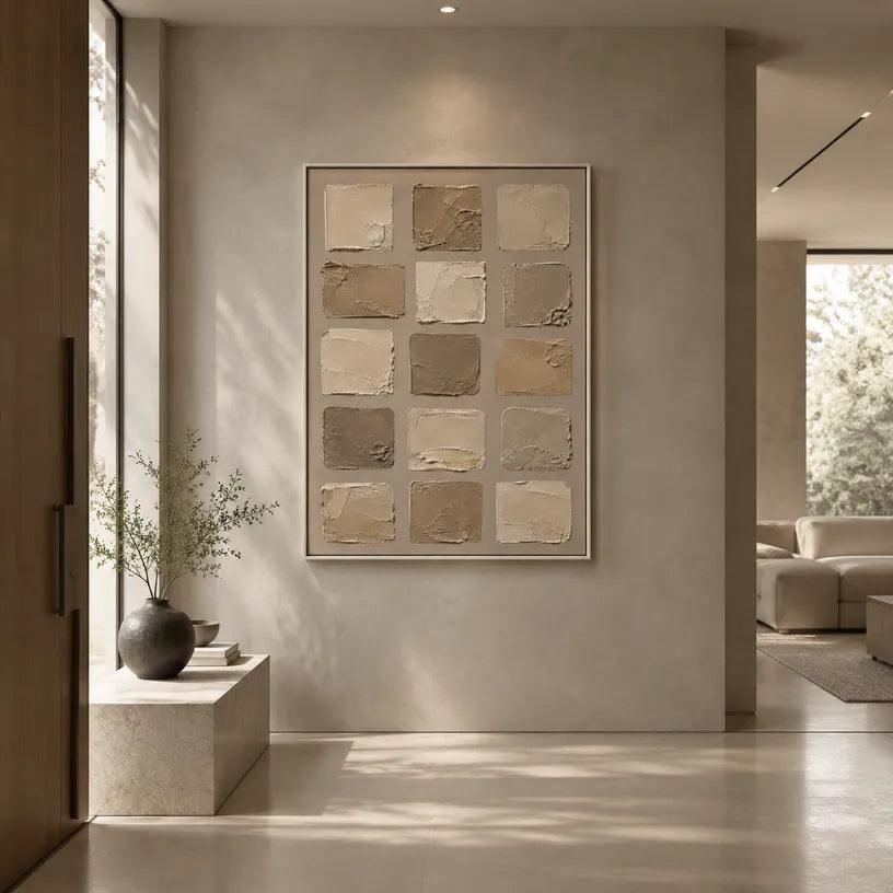 Wabi-Sabi abstract oil painting showing layered abstract marks, texture and expressive painterly movement in a brown palette.