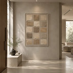 Wabi-Sabi abstract oil painting showing layered abstract marks, texture and expressive painterly movement in a brown palette.
