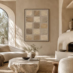 Wabi-Sabi abstract oil painting showing layered abstract marks, texture and expressive painterly movement in a brown palette.