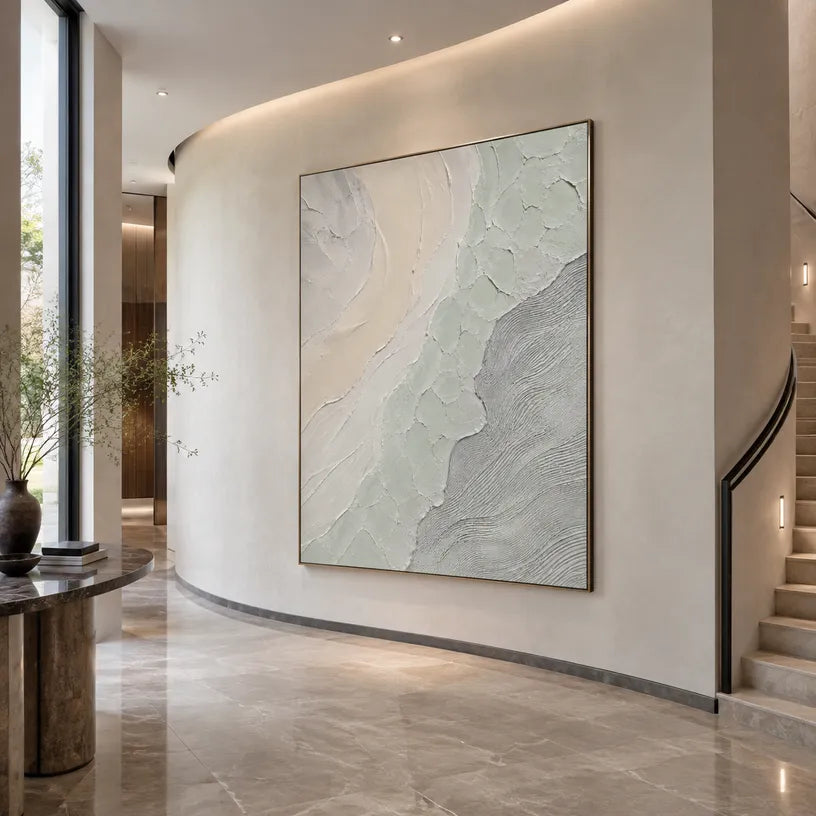 Wabi-Sabi abstract oil painting showing layered abstract marks, texture and expressive painterly movement in a grey palette.