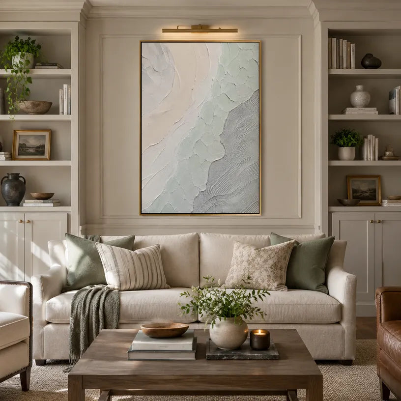 Wabi-Sabi abstract oil painting showing layered abstract marks, texture and expressive painterly movement in a grey palette.