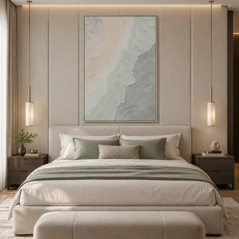 Wabi-Sabi abstract oil painting showing layered abstract marks, texture and expressive painterly movement in a grey palette.