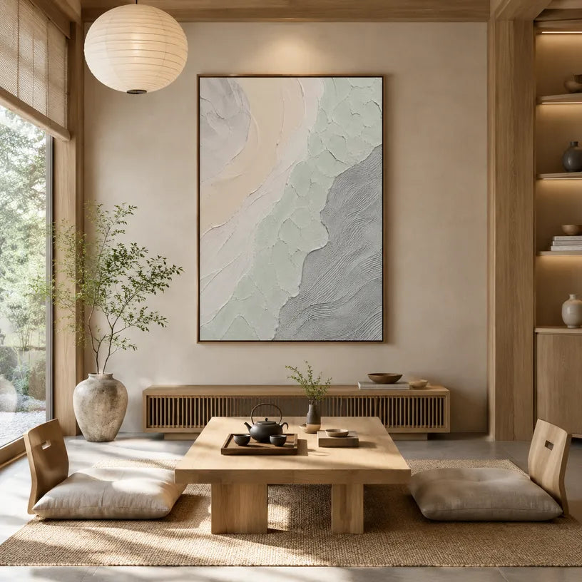 Wabi-Sabi abstract oil painting showing layered abstract marks, texture and expressive painterly movement in a grey palette.