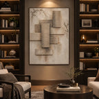 Wabi-Sabi abstract oil painting showing layered abstract marks, texture and expressive painterly movement in a brown palette.