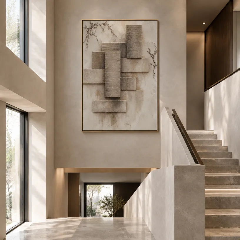 Wabi-Sabi abstract oil painting showing layered abstract marks, texture and expressive painterly movement in a brown palette.