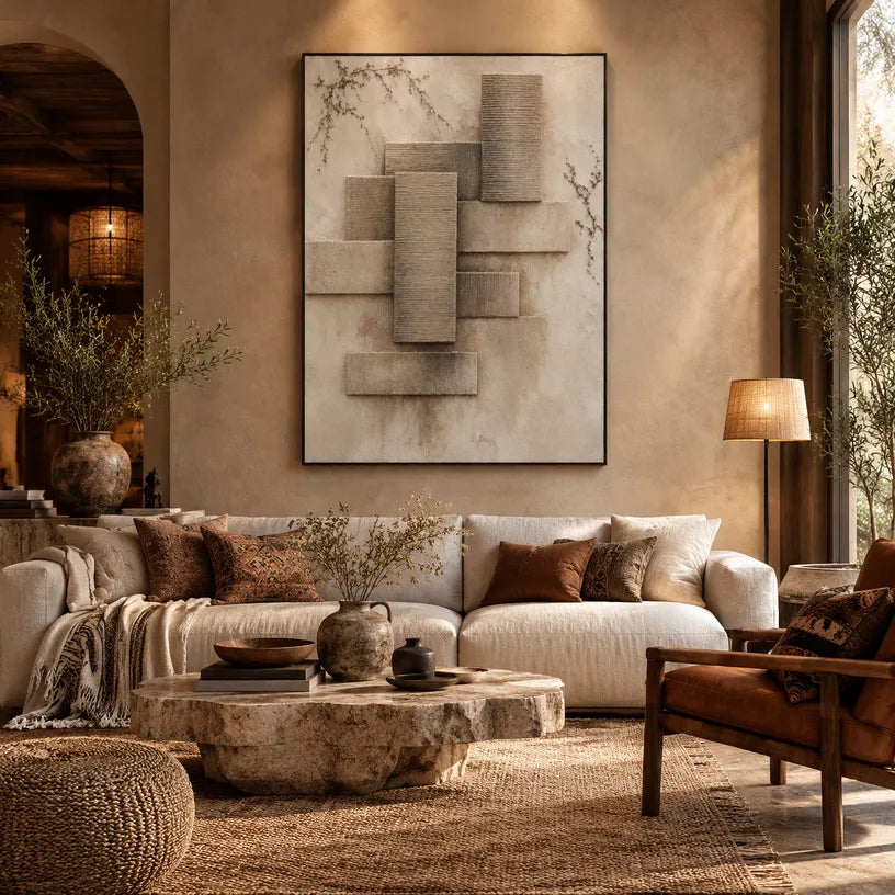 Wabi-Sabi abstract oil painting showing layered abstract marks, texture and expressive painterly movement in a brown palette.