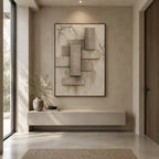 Wabi-Sabi abstract oil painting showing layered abstract marks, texture and expressive painterly movement in a brown palette.