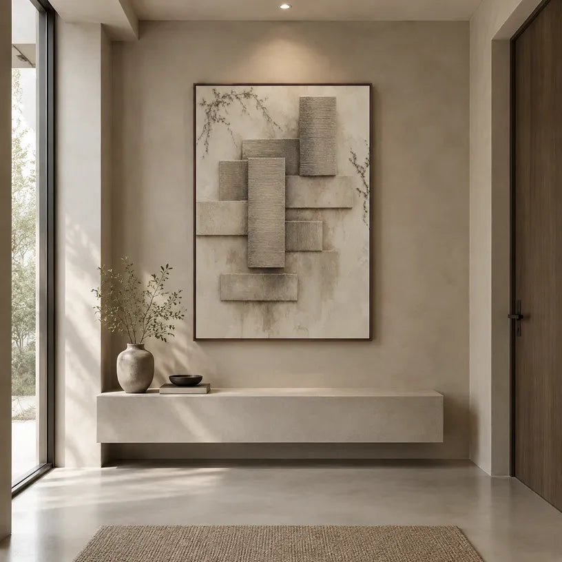 Wabi-Sabi abstract oil painting showing layered abstract marks, texture and expressive painterly movement in a brown palette.
