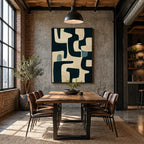 Wabi-Sabi abstract oil painting showing layered abstract marks, texture and expressive painterly movement in a black palette.
