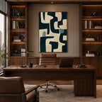 Wabi-Sabi abstract oil painting showing layered abstract marks, texture and expressive painterly movement in a black palette.