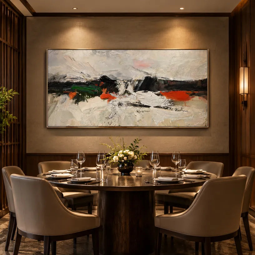 Wabi-Sabi abstract oil painting showing layered abstract marks, texture and expressive painterly movement.