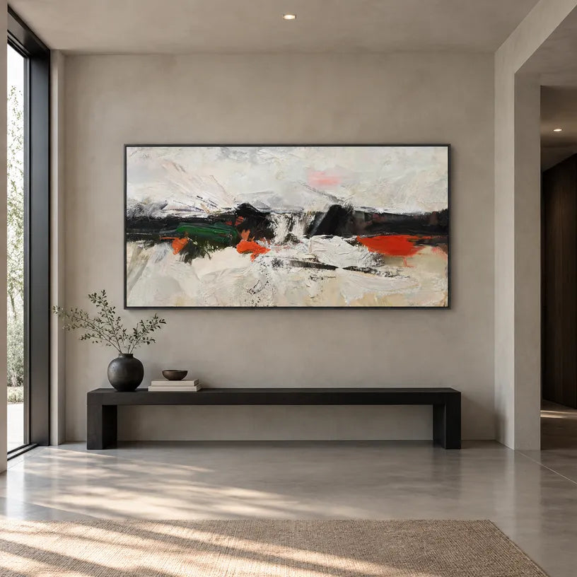 Wabi-Sabi abstract oil painting showing layered abstract marks, texture and expressive painterly movement.