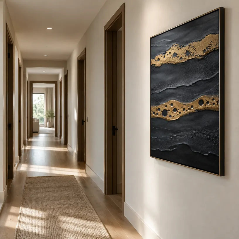Wabi-Sabi abstract oil painting showing layered abstract marks, texture and expressive painterly movement in a blue palette.