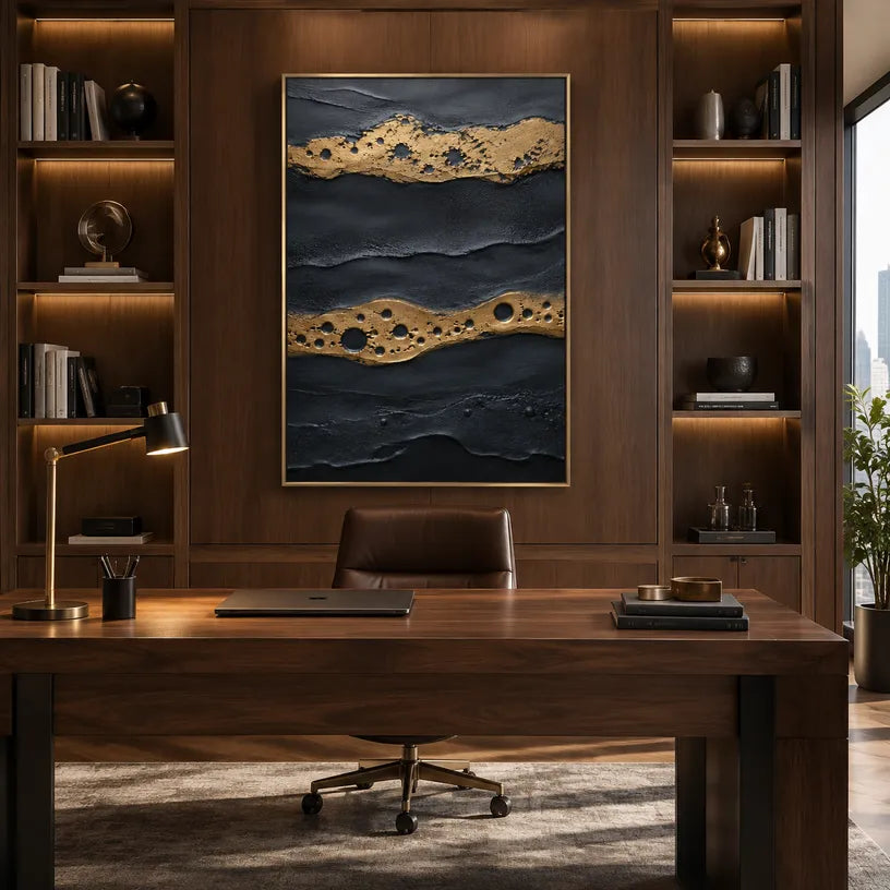 Wabi-Sabi abstract oil painting showing layered abstract marks, texture and expressive painterly movement in a blue palette.