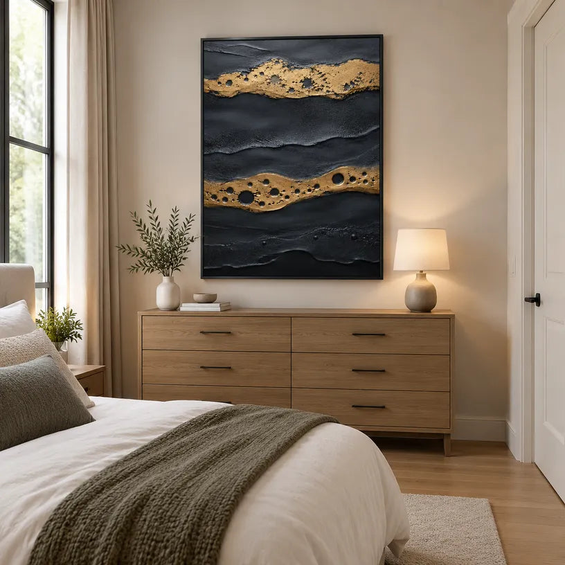 Wabi-Sabi abstract oil painting showing layered abstract marks, texture and expressive painterly movement in a blue palette.