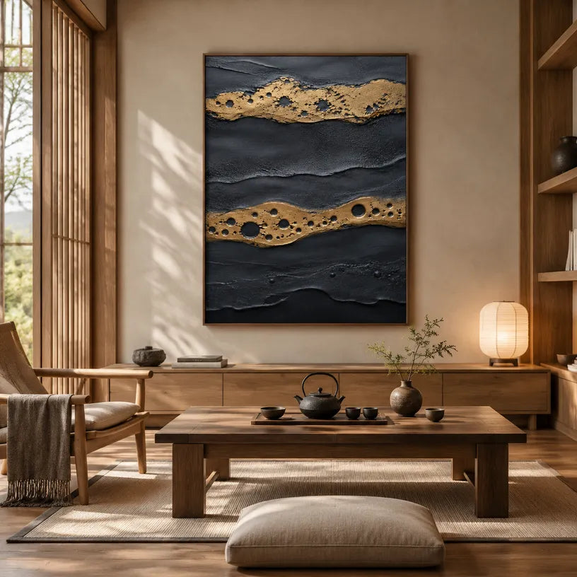 Wabi-Sabi abstract oil painting showing layered abstract marks, texture and expressive painterly movement in a blue palette.