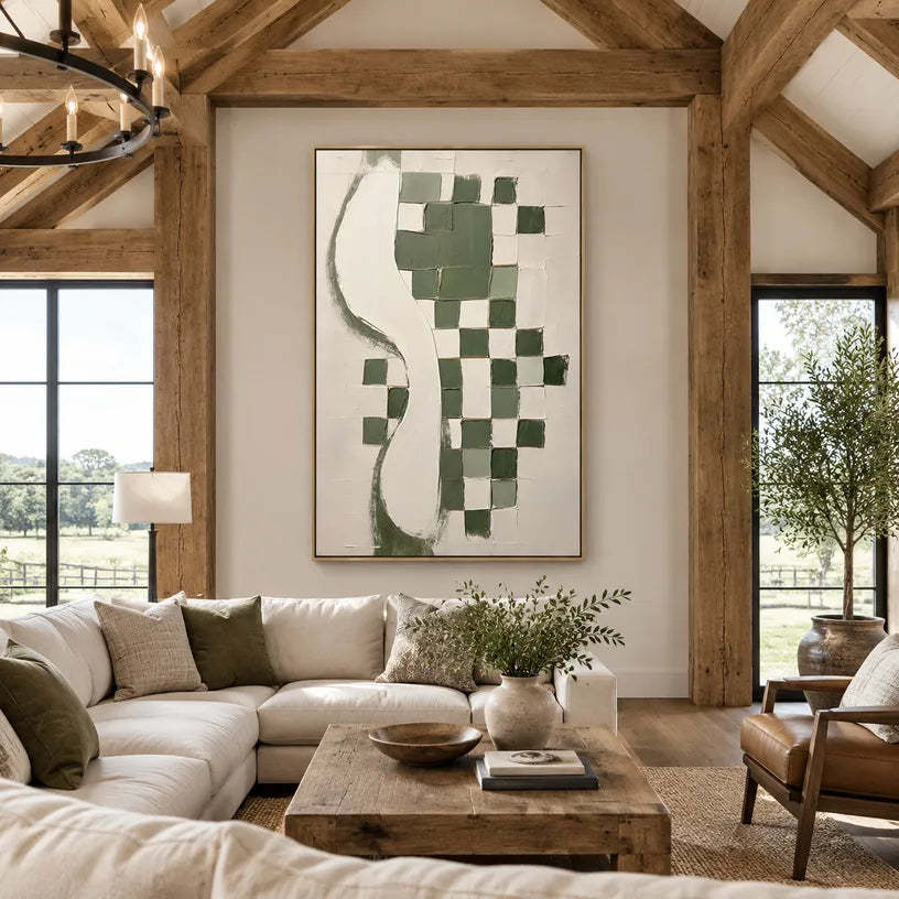 Wabi-Sabi abstract oil painting showing layered abstract marks, texture and expressive painterly movement in a beige palette.