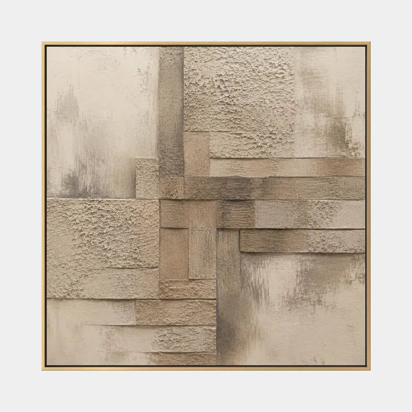 Wabi-Sabi abstract oil painting showing layered abstract marks, texture and expressive painterly movement in a brown palette.
