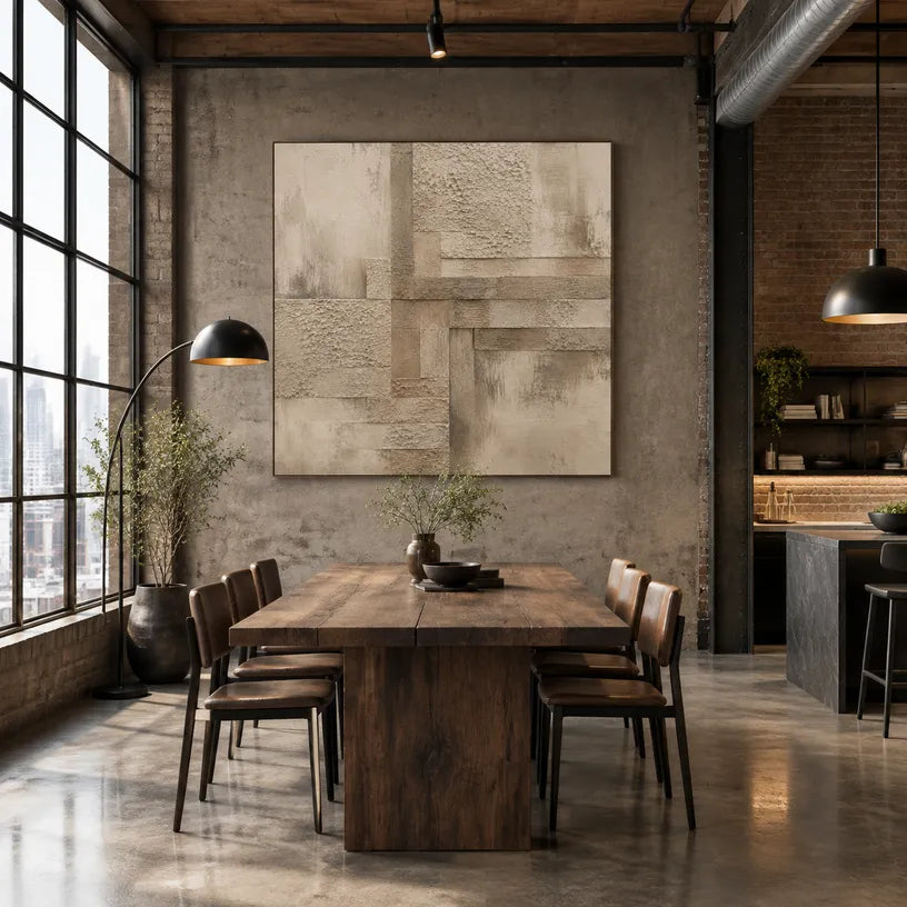 Wabi-Sabi abstract oil painting showing layered abstract marks, texture and expressive painterly movement in a brown palette.