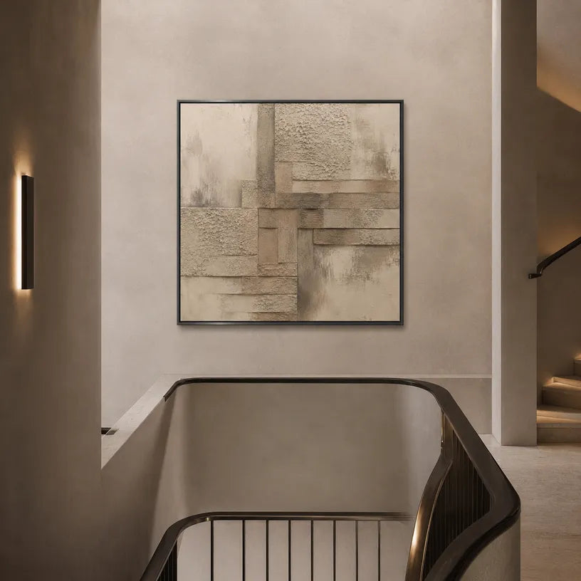 Wabi-Sabi abstract oil painting showing layered abstract marks, texture and expressive painterly movement in a brown palette.